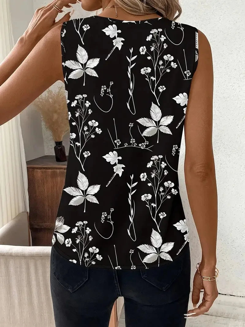 V-neck Vest New Fashion Plant Printed Sleeveless Top Pullover Simple Basic T-shirt