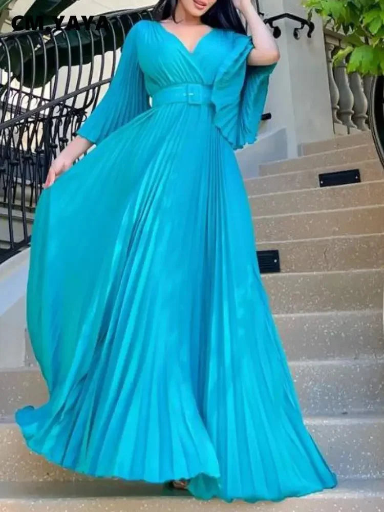 V-neck Flare Sleeve Big Swing Floor Length Maxi Long Dresses  Women Autumn Winter Party Prom Dress