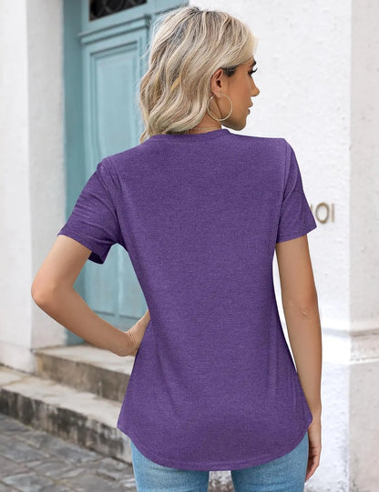 Womens Casual Crew Neck Short Sleeve Pleated Tops Blouses Fashion Clothes