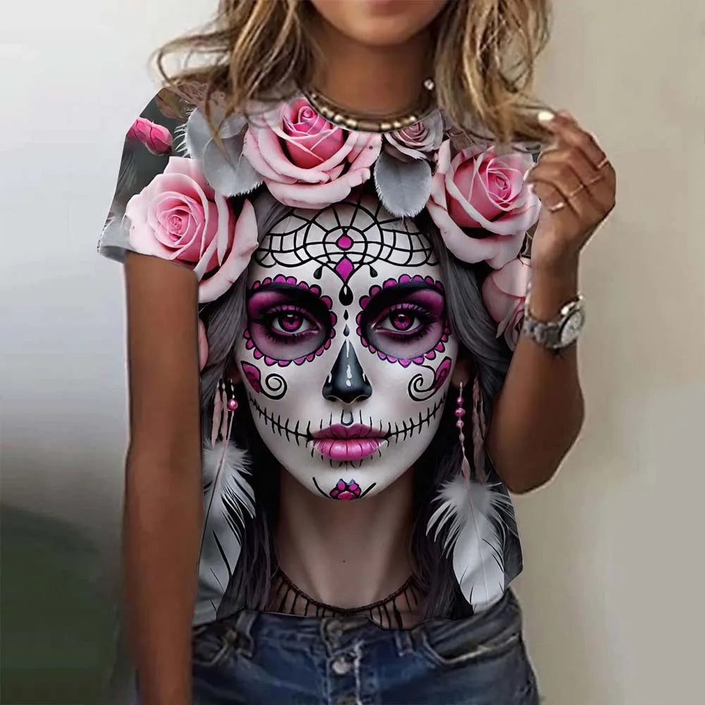 T-shirt for Girls Summer Short Sleeve Casual Sexy Girls Clothes Horror Undead Skull Pattern oversized T-shirts