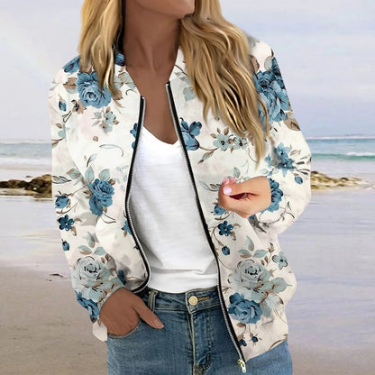 Women Elegant Zipper Bomber Jackets Spring Autumn Floral Printed Jackets Casual Coat Retro Outwear  Round Neck Zipper Jackets