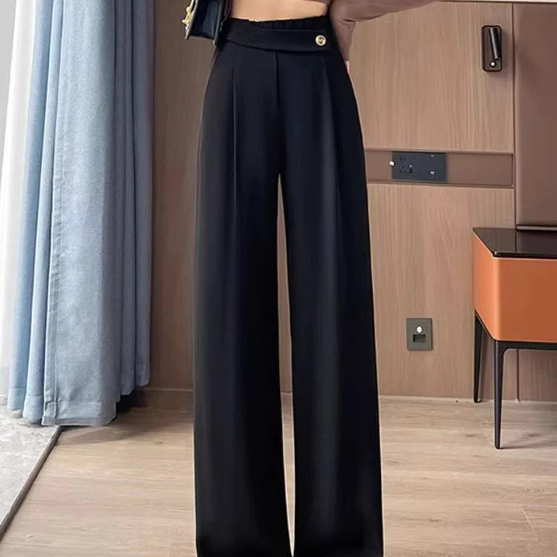Fashion Elastic Spliced Solid Color Straight Pants Women's Clothing Summer New Loose Office Lady High Waist Casual Pants
