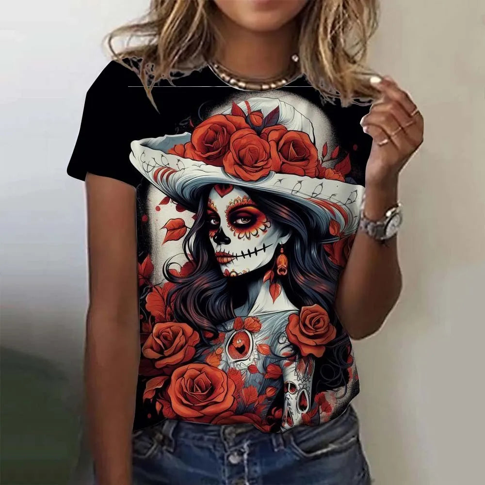 T-shirt for Girls Summer Short Sleeve Casual Sexy Girls Clothes Horror Undead Skull Pattern oversized T-shirts