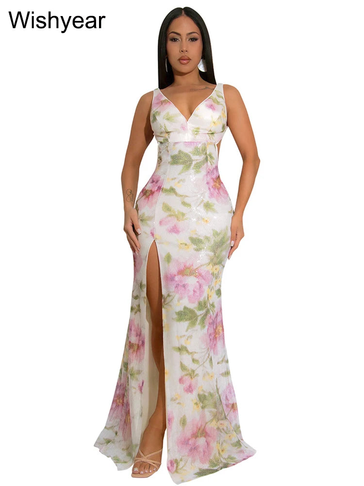 Flower Print Sequins Spaghetti Strap Sleeveless High Slit Long Dress Woman Sexy Vacation Party Birthday Prom Summer Robe