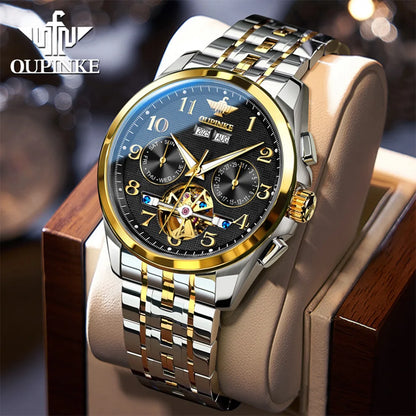 OUPINKE 3263 Mens Watch Luxury Flywheel Automatic Mechanical Watch﻿ 50M Waterproof Luminous Tungsten Steel Brand Watches New