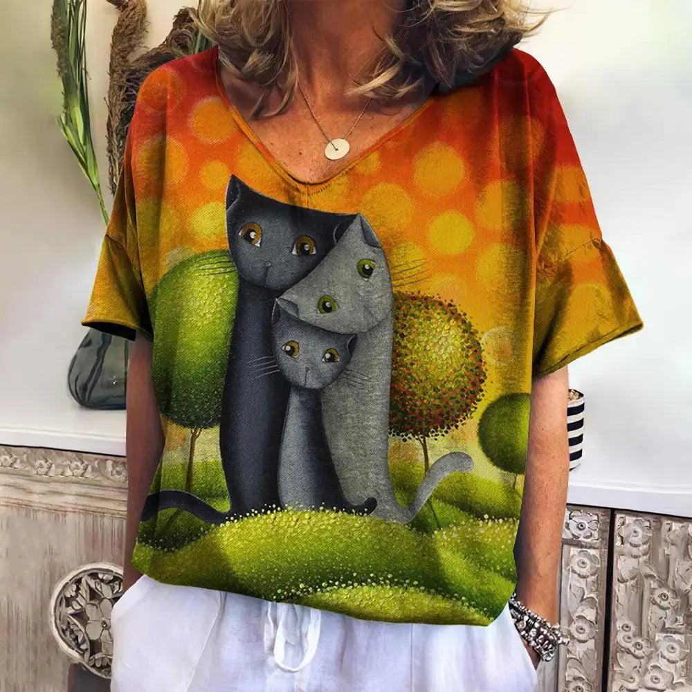 Women T Shirts Cartoon Cat Graphic Girls Clothing Large Size V Neck Short Sleeve Tee Summer Fashion Casual Female Clothing