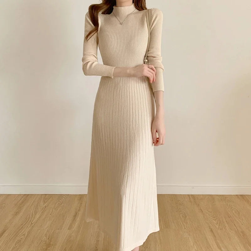 Slim Long Sleeve Party Midi Dress for Women Knitted Half High Collar Elegant Knitted Sweater Dresses Ladies