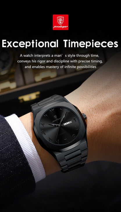POEDAGAR Military Watch For Men Waterproof Luxury Week Calendar Man Wristwatch Quartz Stainless Steel Fashion Men's Watches Male