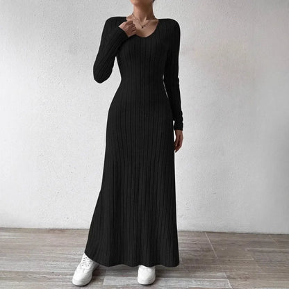 Knitted Long Sleeve A- Line Streetwear Dress For Women Smooths And Slims Your Silhouette Solid Color Long Dress
