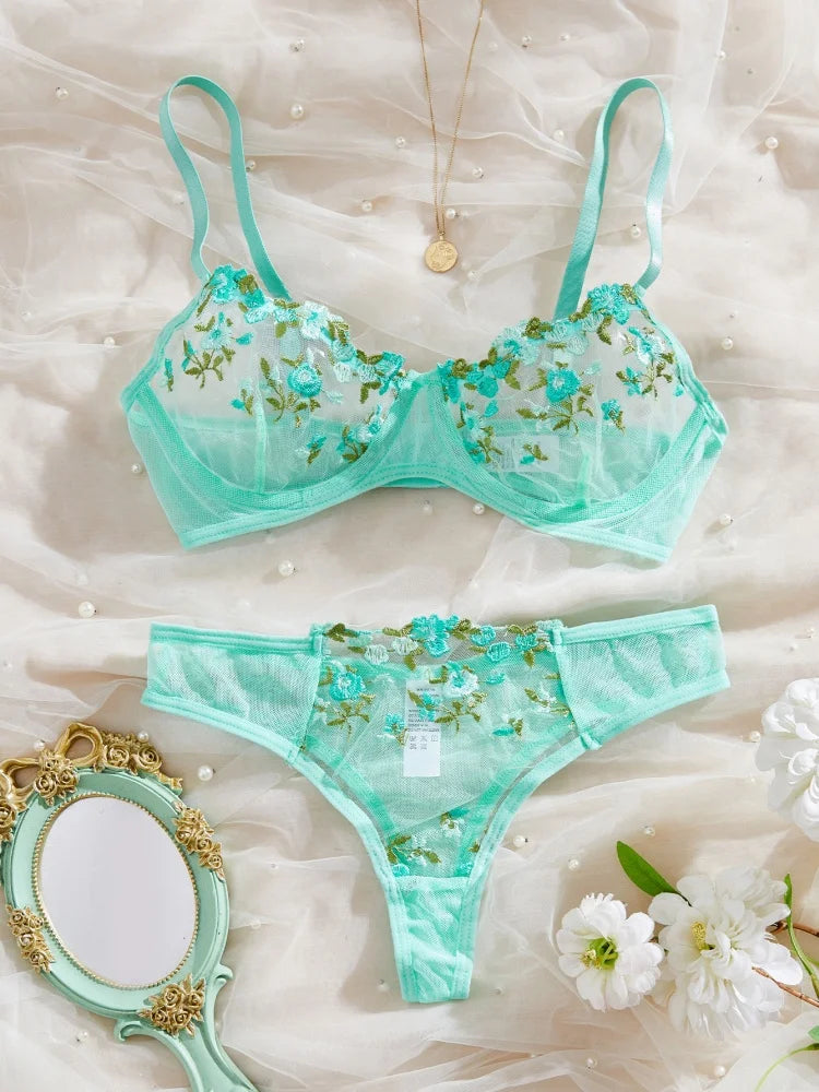 Embroidery Flower Transparent Underwear Bra Thong Set Ultra Thin Cup Large Size Perspective Wire Free Bikini Suit Women 2 Piece