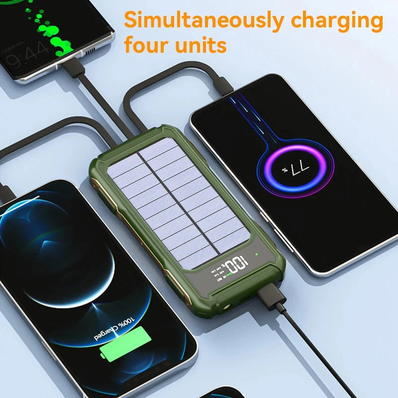 200000mAh Large Capacity Solar Power Bank 4 in 1 Built in Cable  Fast Charging Digital Display Battery LED Light For iPhone NEW