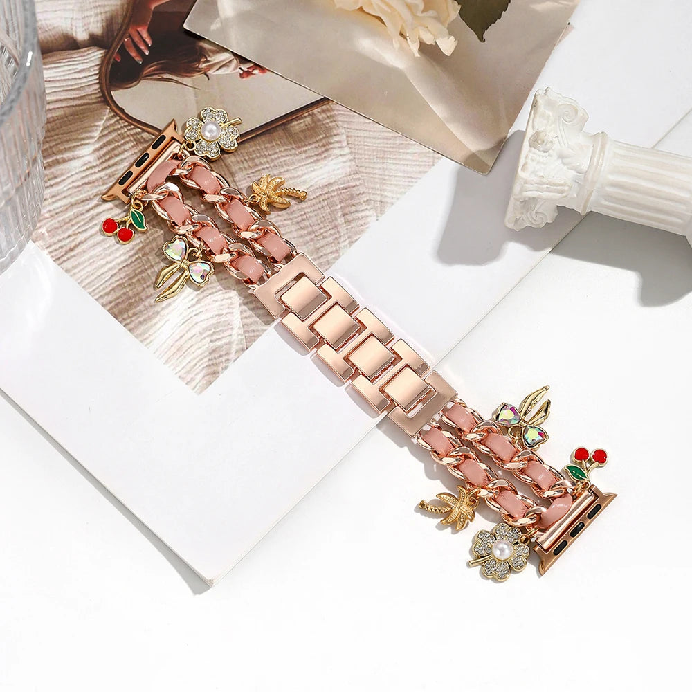 Stylish Metal Charms Watch Strap Compatible with Apple Watch Bands 38/40/41/42/44/45/49mm Replacement Strap with Unique Pendants