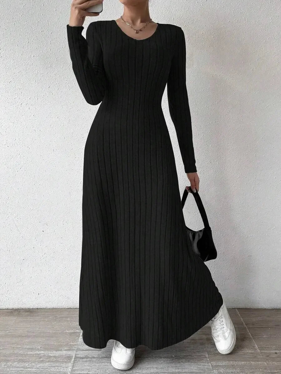 Knitted Long Sleeve A- Line Streetwear Dress For Women Smooths And Slims Your Silhouette Solid Color Long Dress