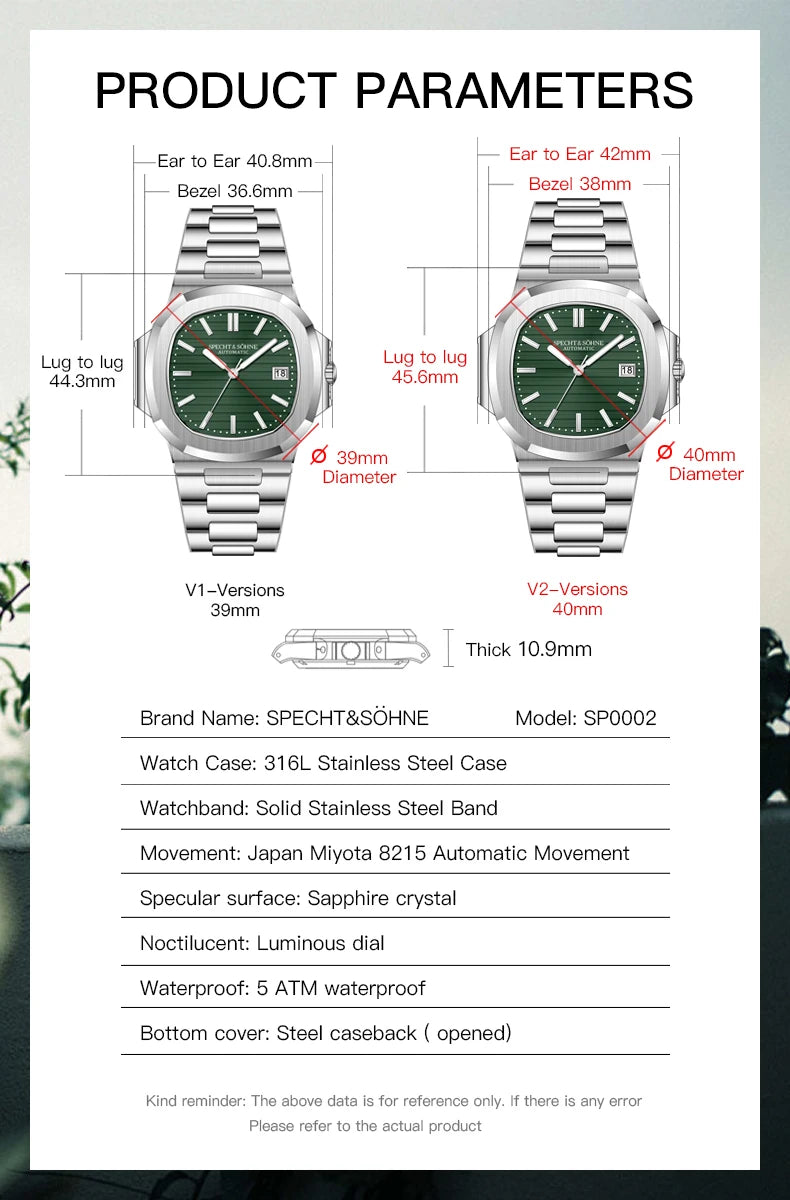 New Specht&Sohne Men's Watches Mechanical Watch Japan Miyota 8215 Movt Rose Gold Stainless Steel Classic 5711 Watch Waterproof