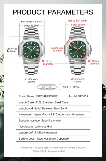 New Specht&Sohne Men's Watches Mechanical Watch Japan Miyota 8215 Movt Rose Gold Stainless Steel Classic 5711 Watch Waterproof