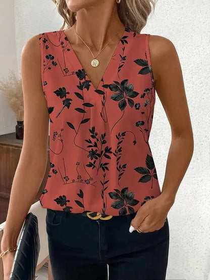 V-neck Vest New Fashion Plant Printed Sleeveless Top Pullover Simple Basic T-shirt