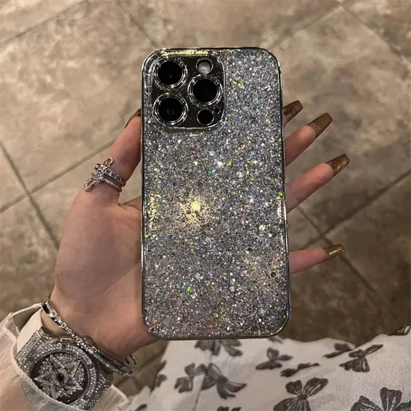 Luxury Silver Sequin Glitter Plating Phone Case For iPhone 17 Air 11 12 13 14 15 16 Pro Max Plus Bling Shockproof Bumper Cover