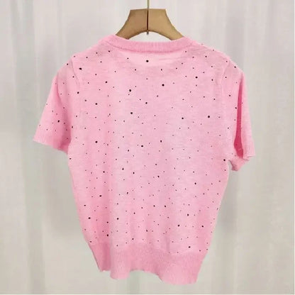Korean Style round Neck Polka Dot Print Semi-Transparent Knitted Summer Fashion Short Sleeve Women's Top