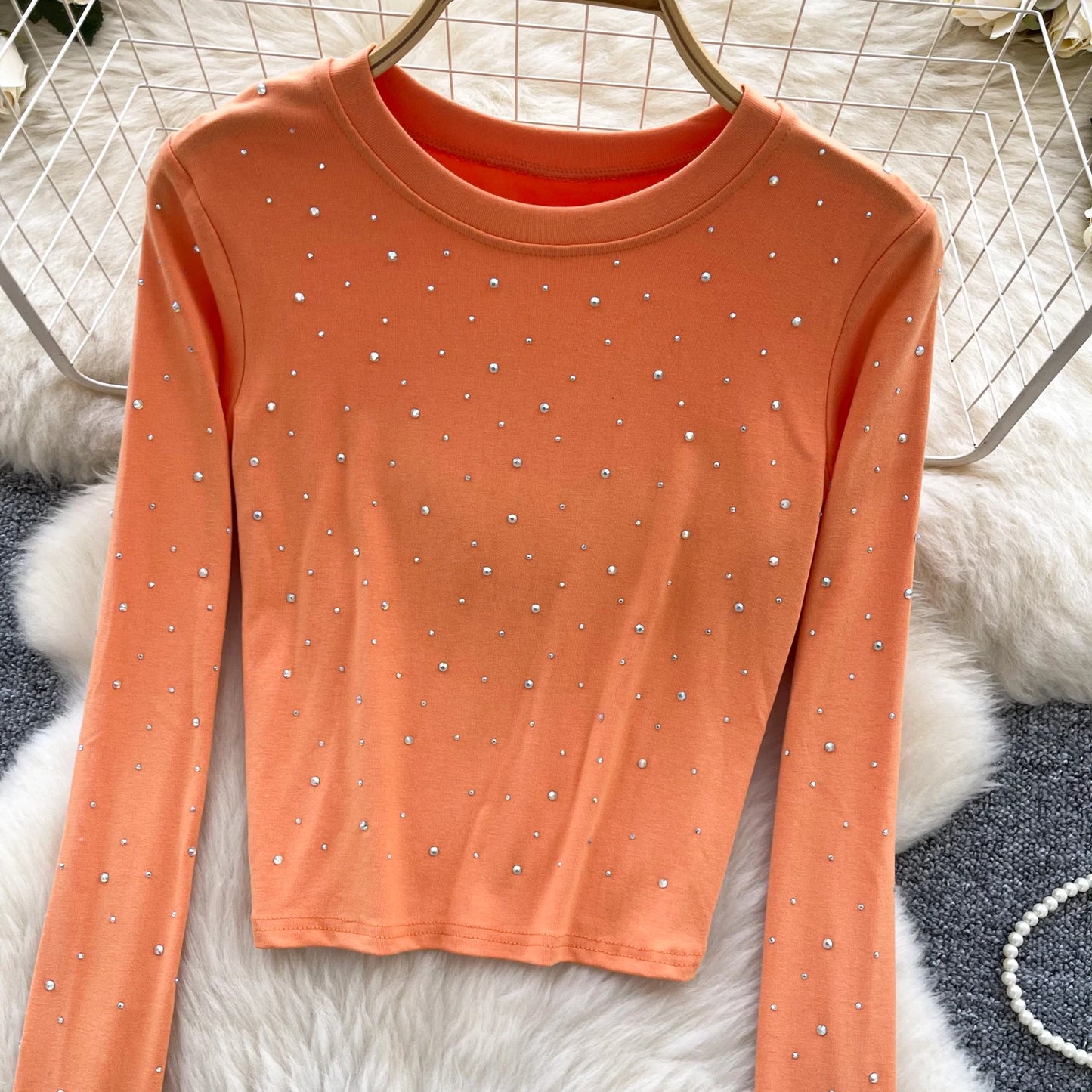 Long Sleeves Hotsweet O-neck Fashion Rhinestone Slim Top French Streetwear Sexy High Street Autumn Winter Women T-Shirts