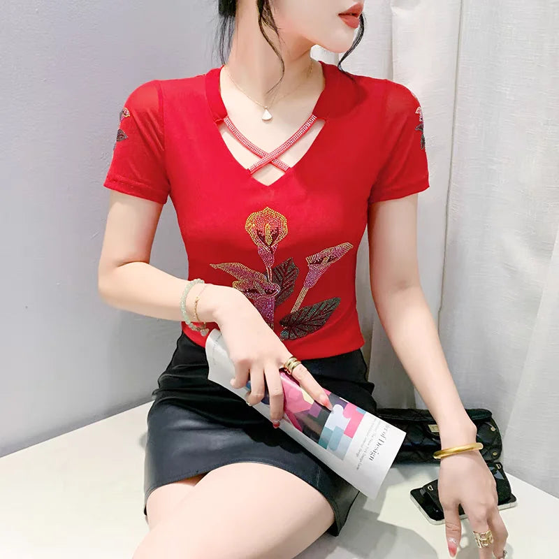 T-shirt For Summer Short Sleeve Pulovers Clothes Casual Aesthetic Cotton Tops Sexy V Neck Zipper Diamonds Tees