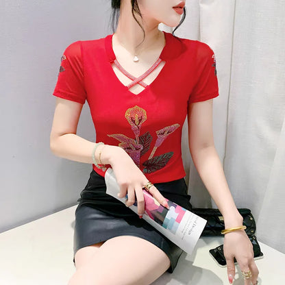 T-shirt For Summer Short Sleeve Pulovers Clothes Casual Aesthetic Cotton Tops Sexy V Neck Zipper Diamonds Tees