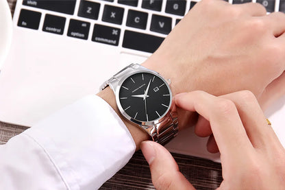 Hannah Martin Men's Stainless Steel Watch Fashion Business Style Black Minimalist Style 3Bar Waterproof Quartz Movement Watches