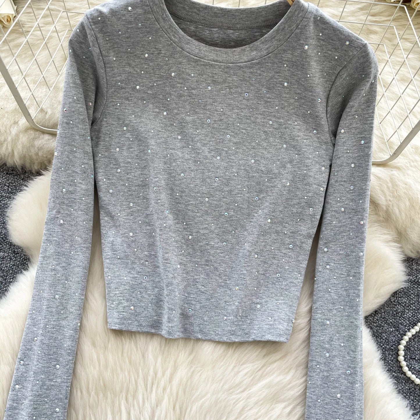 Long Sleeves Hotsweet O-neck Fashion Rhinestone Slim Top French Streetwear Sexy High Street Autumn Winter Women T-Shirts