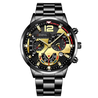 Luxury Men Business Quartz Watches 4pcs Set Gold Alloy Roman with Calendar Wrist Watch Cross Necklace Bracelet Ring Set Men Gift