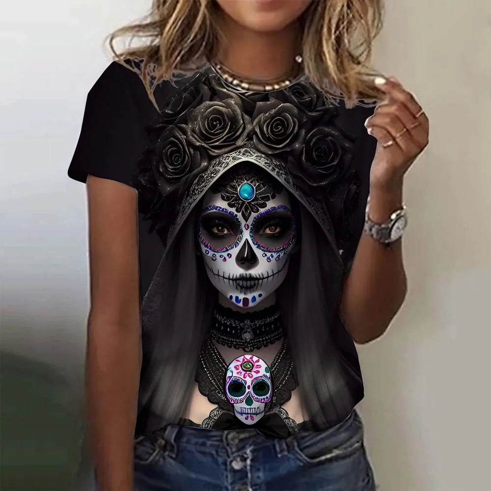 T-shirt for Girls Summer Short Sleeve Casual Sexy Girls Clothes Horror Undead Skull Pattern oversized T-shirts
