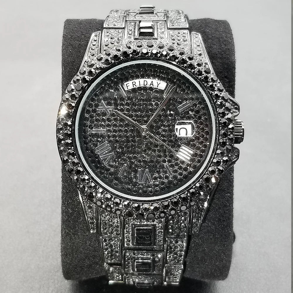 Diamond Wristwatch For Men Luxury 18K Gold Plated Quartz Watches Day Date Nightclub Party Watch Unisex Rapper Jewelry