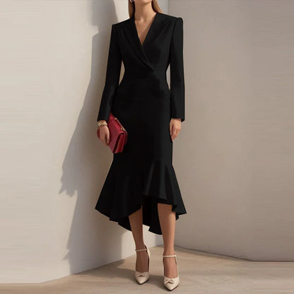 Lapel V-neck Fishtail Dress For Women Fashion Commute Hight Waist Solid Long Dress Casual Long Sleeve Ruffle Party Dress