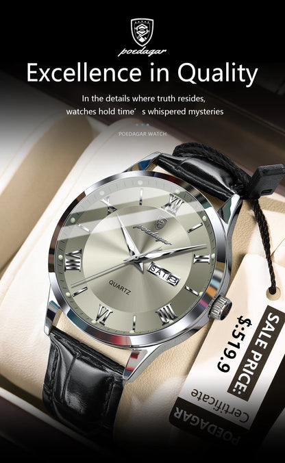 POEDAGAR Top Luxury Watch For Men Military Waterproof Luminous Date Week Man Wristwatch Leather Men's Quartz Watches Sport Reloj