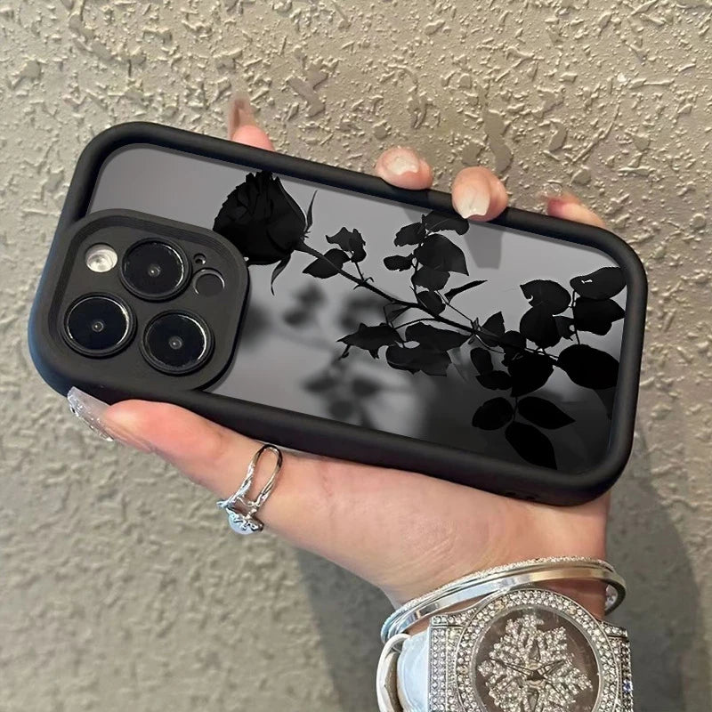 Minimalist Black Rose Pattern Phone Case For iPhone 17 16 15 14 Pro Max 13 12 11 XS X XR 8 Plus 16e 17 Air Shockproof Soft Cover