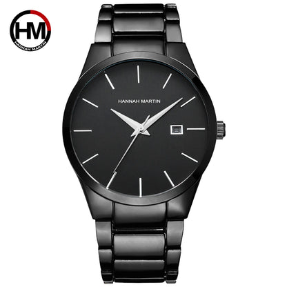 Hannah Martin Men's Stainless Steel Watch Fashion Business Style Black Minimalist Style 3Bar Waterproof Quartz Movement Watches