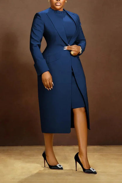 Elegant Office Lady Blazer Two Piece Sets Women Lapel Long Sleeve Coat And Slim Dress Outfit Female Clothing