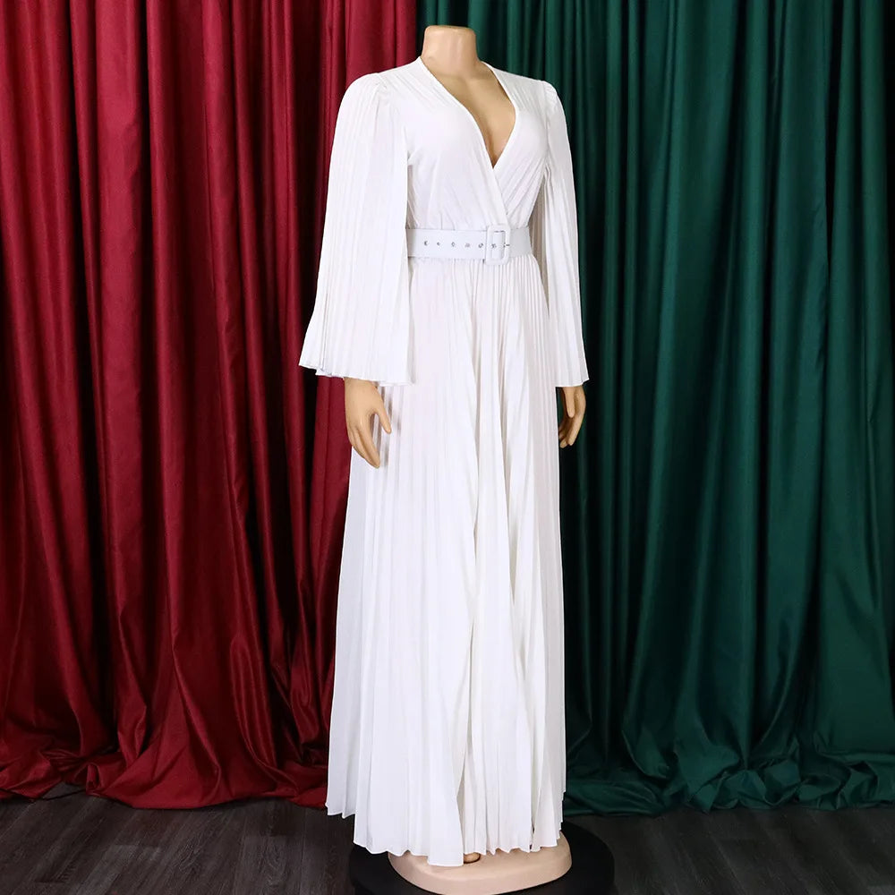 V-neck Flare Sleeve Big Swing Floor Length Maxi Long Dresses  Women Autumn Winter Party Prom Dress