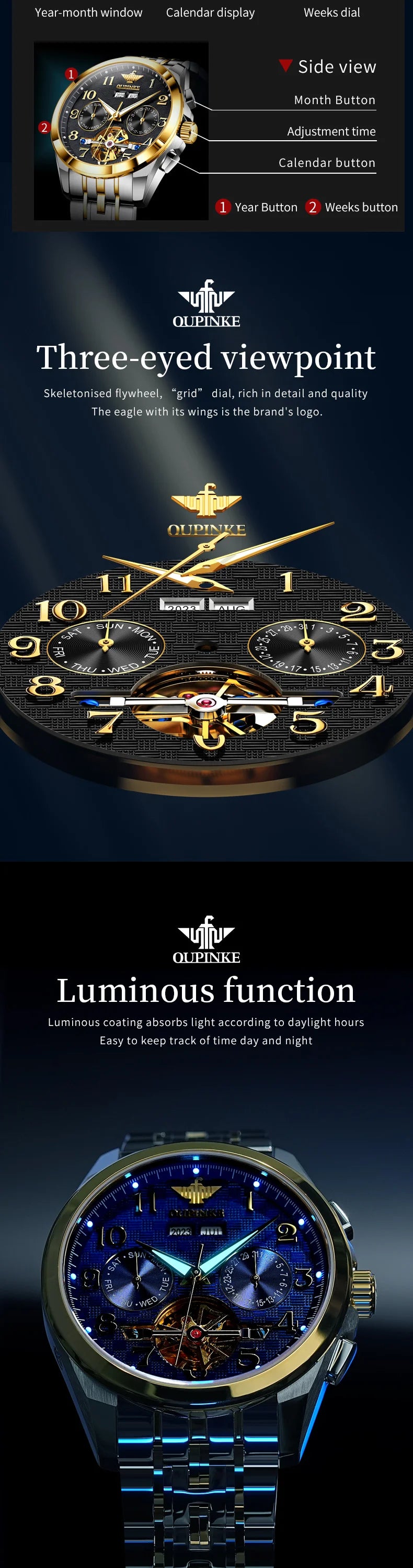 OUPINKE 3263 Automatic Mechanical Watch Multifunctional Dial Auto Date Waterproof Night light Watch Original Brand