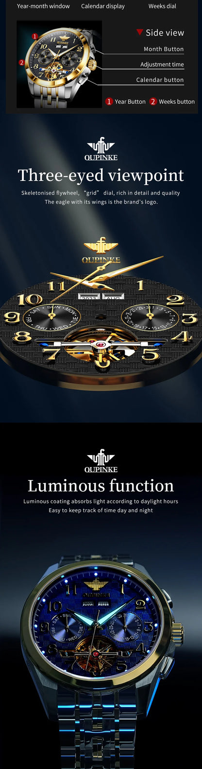 OUPINKE 3263 Automatic Mechanical Watch Multifunctional Dial Auto Date Waterproof Night light Watch Original Brand
