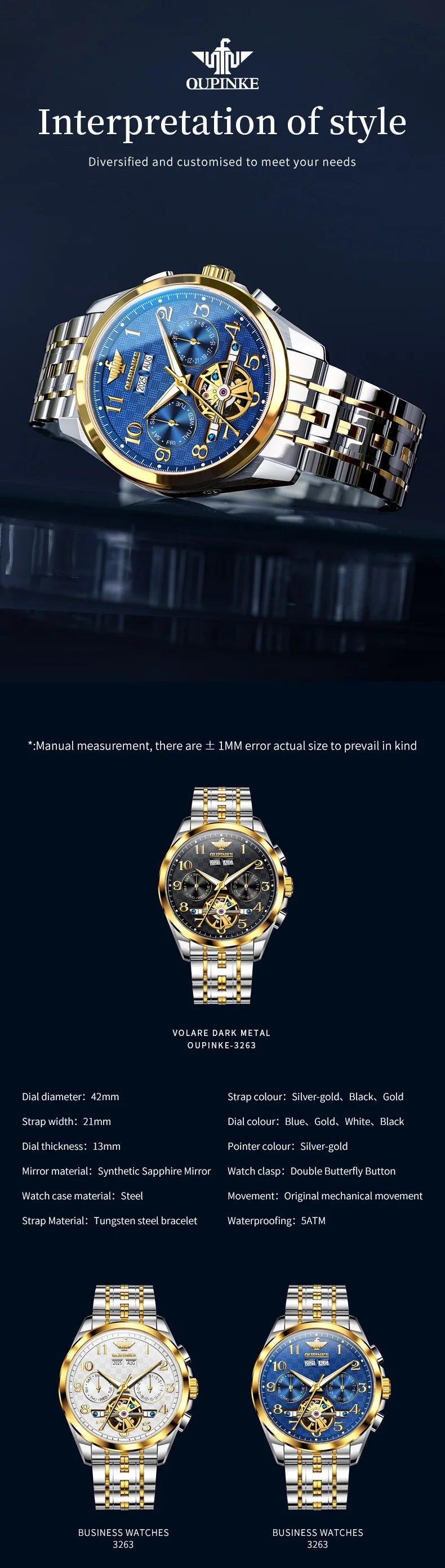 OUPINKE 3263 Automatic Mechanical Watch Multifunctional Dial Auto Date Waterproof Night light Watch Original Brand