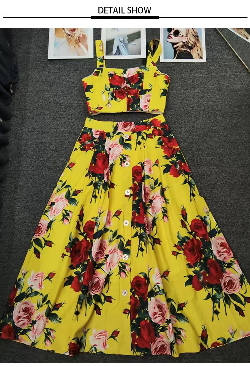 Elegant rose print sexy short tube top suspender top summer new female two-piece high waist pocket button big skirt fashion suit