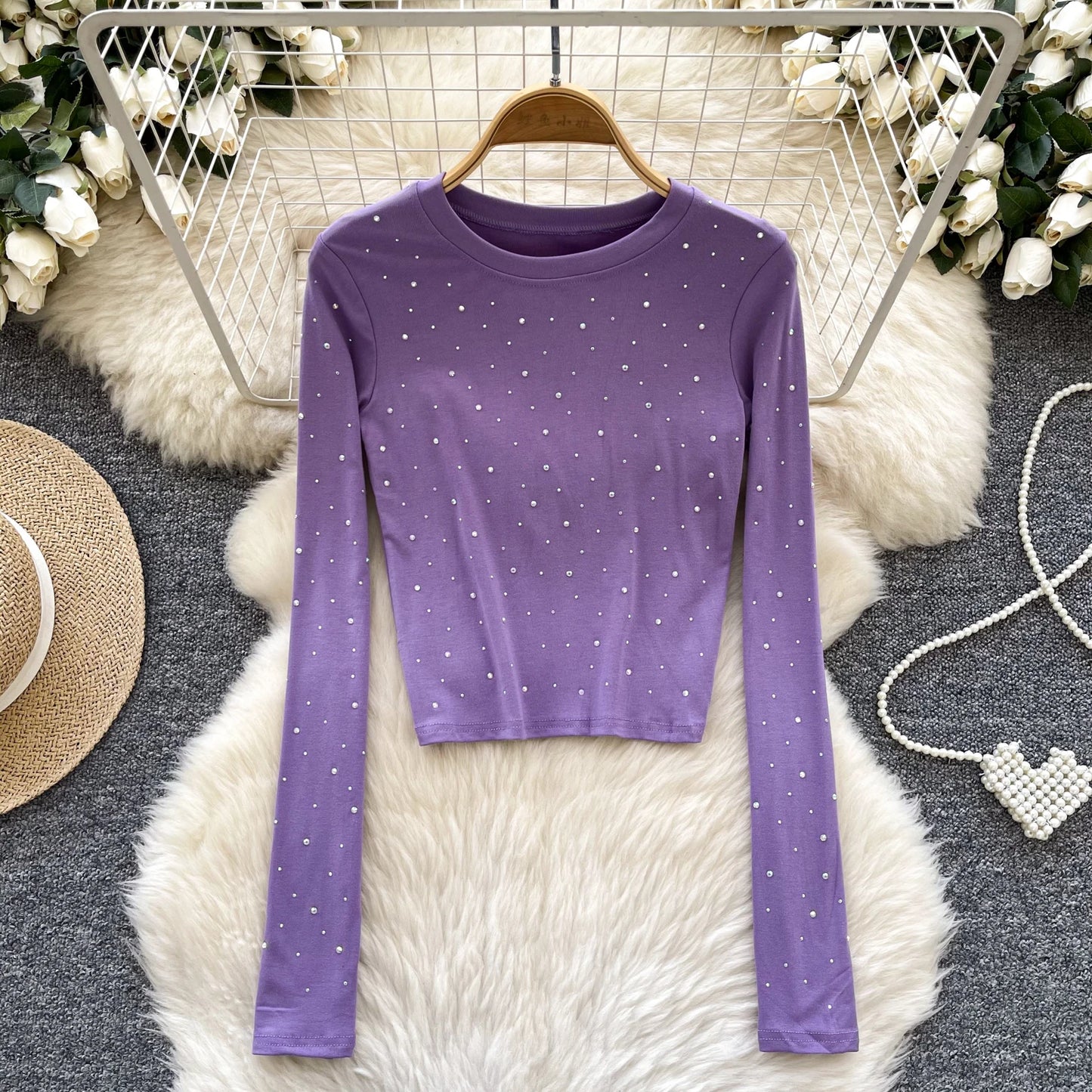 Long Sleeves Hotsweet O-neck Fashion Rhinestone Slim Top French Streetwear Sexy High Street Autumn Winter Women T-Shirts