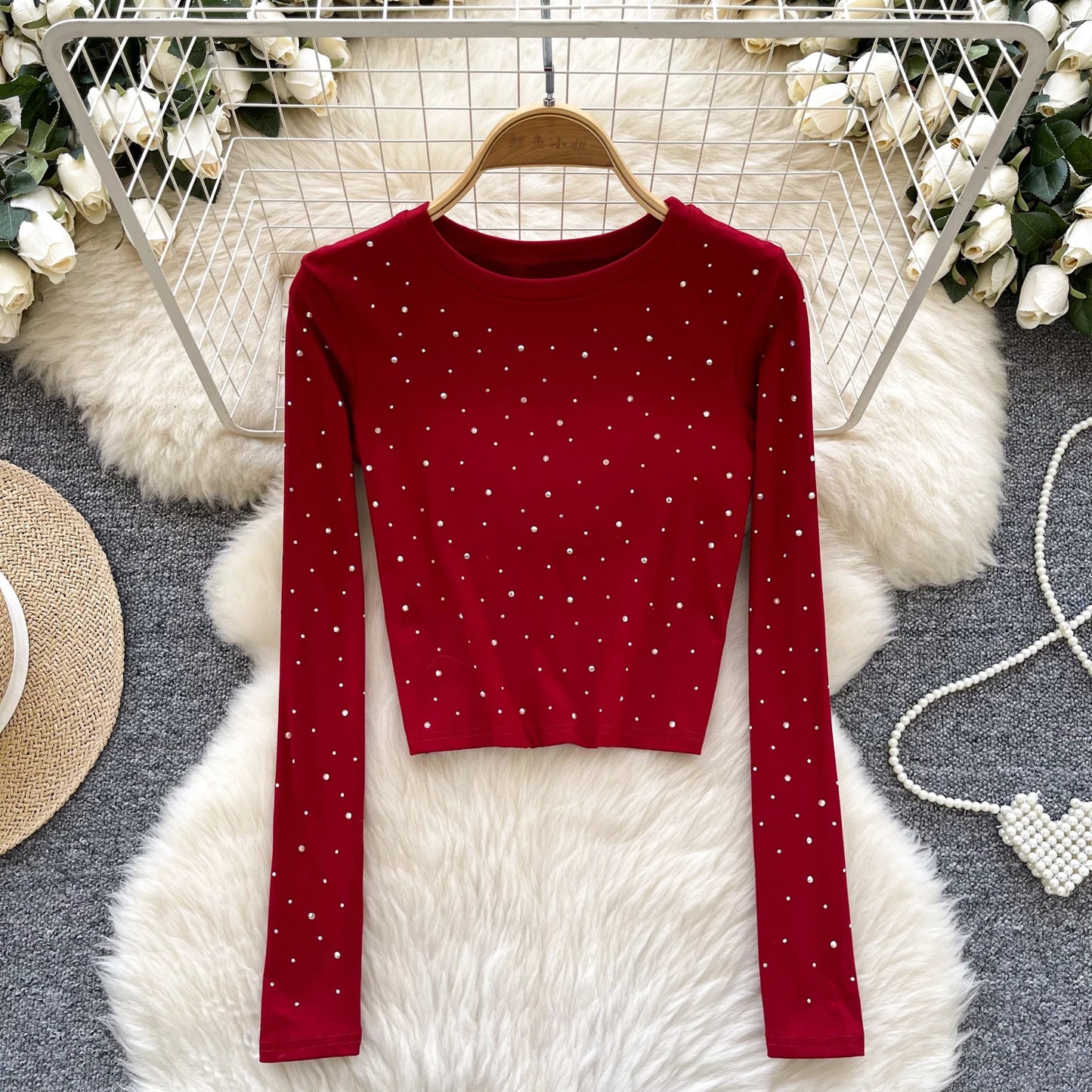 Long Sleeves Hotsweet O-neck Fashion Rhinestone Slim Top French Streetwear Sexy High Street Autumn Winter Women T-Shirts
