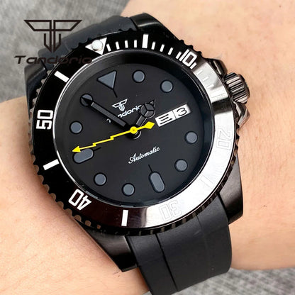 Tandorio NH36A Black PVD 40mm Automatic Men's Watch Week Date Display Rotating Bezel Sapphire Glass Yellow Flash Second Rubber