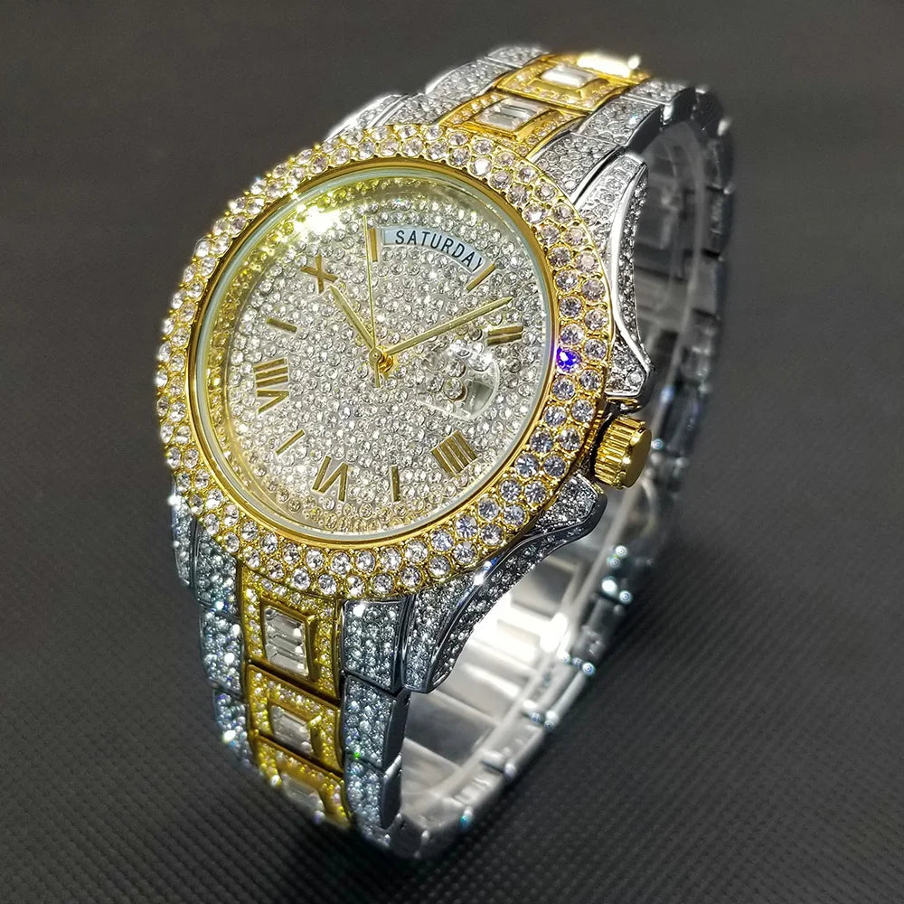 Diamond Wristwatch For Men Luxury 18K Gold Plated Quartz Watches Day Date Nightclub Party Watch Unisex Rapper Jewelry