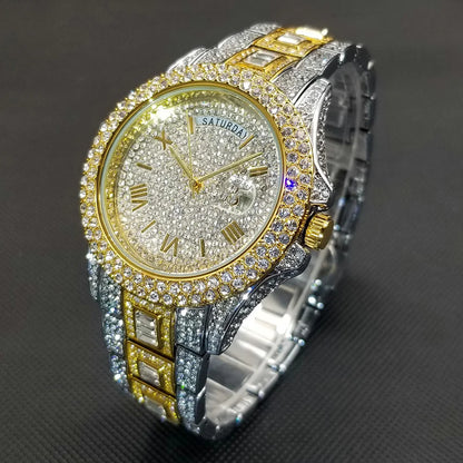 Diamond Wristwatch For Men Luxury 18K Gold Plated Quartz Watches Day Date Nightclub Party Watch Unisex Rapper Jewelry