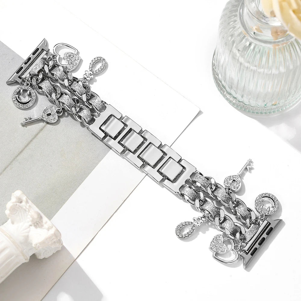 Stylish Metal Charms Watch Strap Compatible with Apple Watch Bands 38/40/41/42/44/45/49mm Replacement Strap with Unique Pendants