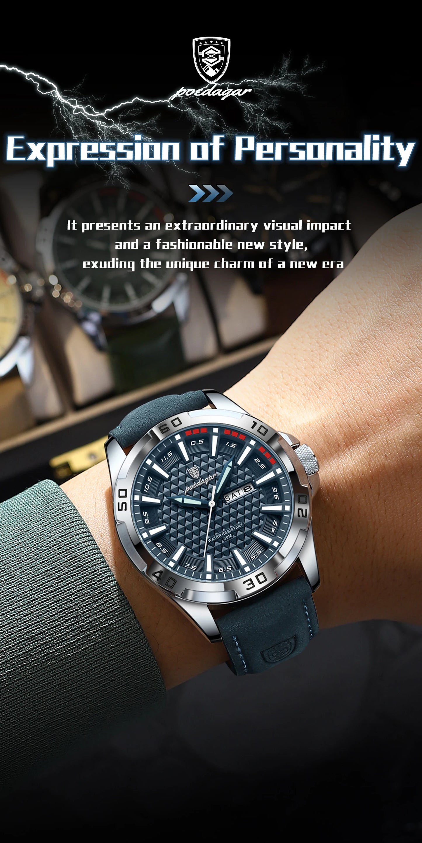 POEDAGAR Original Man Wristwatch Top Luxury Waterproof Luminous Date Week Watch For Men Quartz Sport Leather Men's Watches Reloj