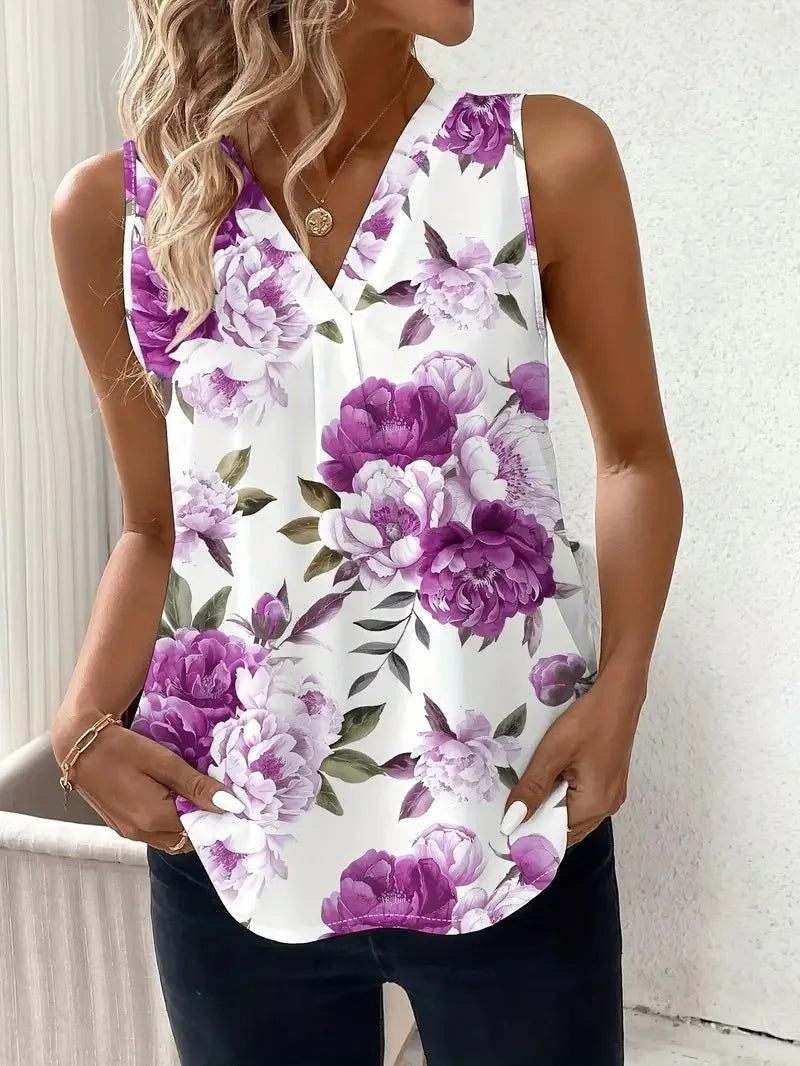V-neck Vest New Fashion Plant Printed Sleeveless Top Pullover Simple Basic T-shirt