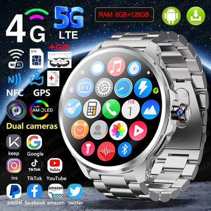 Full Network GPS WIFI Smart Watch Men 8GB+128GB RAM 1.95 inch AMOLED Screen 900W Camera Google APPS Smartwatch Android 9.0