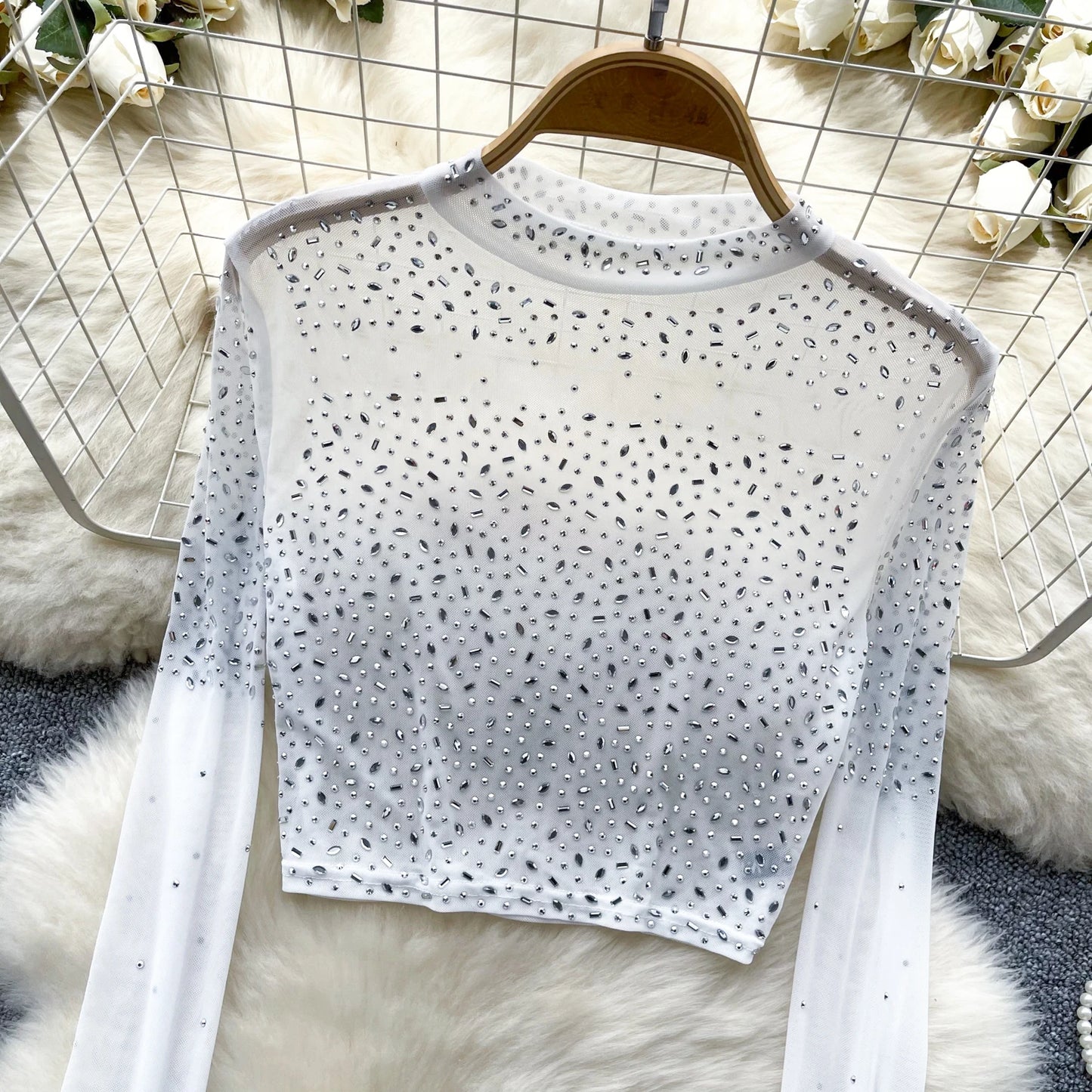 Thin See-tough Long Sve Me T-shirt ort Heavy-du Rhinestone Base irt Korean Sle Creative Pattern